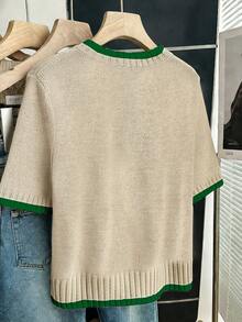 Franclia Women Summer Beige Round Neck Contrast Color Loose Knit Pullover Top,Autumn Casual  Back-To-School Soft & Comfortable Short Sleeve Plus Size Sweater - Army Green - View 2