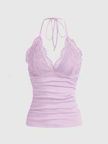 ROMWE PUNK Women's Elegant Solid Color Contrast Lace Halter Top, Summer - Lilac Purple - View 3