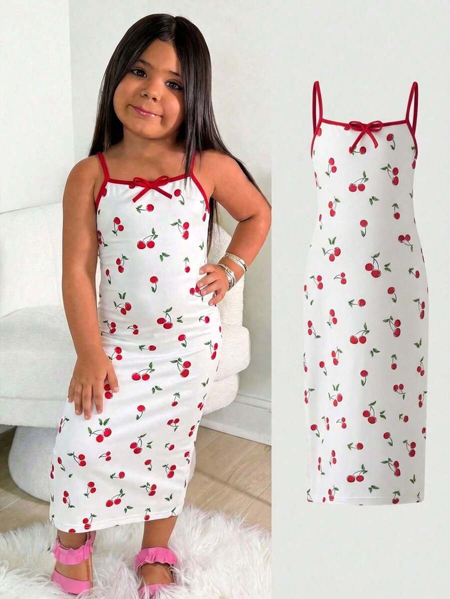 SHEIN Young Girl Casual Daily Fashion Red & White Cherry Blossom Print Snug Fit Dress - Red and White - View 1