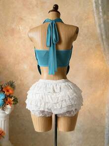 Solea Vida Women's Fashion Strapless Camisole Crop Top, Metal Buckle Hollow Sexy Mesh Elastic Ruffle Collar, Elegant For Music Festival, Party, Young Lady, Vacation, Casual Wear, Sleeveless, Spring/Summer - Green - View 2