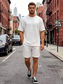 Manfinity Dauomo Men's Letter Embossed Crew Neck Short Sleeve T-Shirt And Shorts Casual Set Vacation Outfits For Men Spring Outfits For Men Men Clothes Two Piece Mens Summer Outfits Casual Outfit For Men Mens 2 Piece Outfit Mens Two Piece Set Mens Co Ord Set Mens 2 Piece Outfits Summer White Graphic Tees Men - White - View 2
