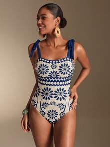 Swim Oasis 26SS Summer Holiday Beach Holiday Vacation BOHO Beige Floral One-Piece Swimsuit Skirt Set - Multicolor - View 4