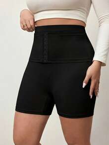 Enliva Plus Size Women High Elasticity Solid Color Tummy Control Slim Fit Shorts, For Apple And Rounded Body Shape - Black - View 3