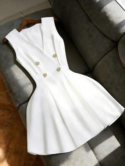 Franclia Minimalist Commuter Criss-Cross V-Neck Wide Strap Faux Button Waist Fitted Elegant Versatile Casual Vacation Dress For Women White Elegant Dress Women White Classy Dress Button Dress White Blazer Dress White Vintage Dress