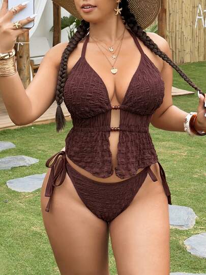 Swim Vcay Plus Size Women 2pcs Textured Halter Neck Front Tie Triangle Bikini Swimsuit