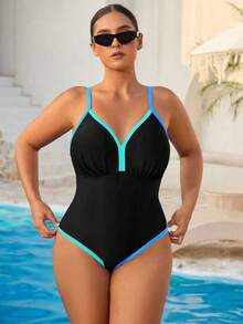 Swim Vcay Áo tắm liền thân phối màu dành cho nữ cỡ lớn - Màu xanh lam - Xem 3