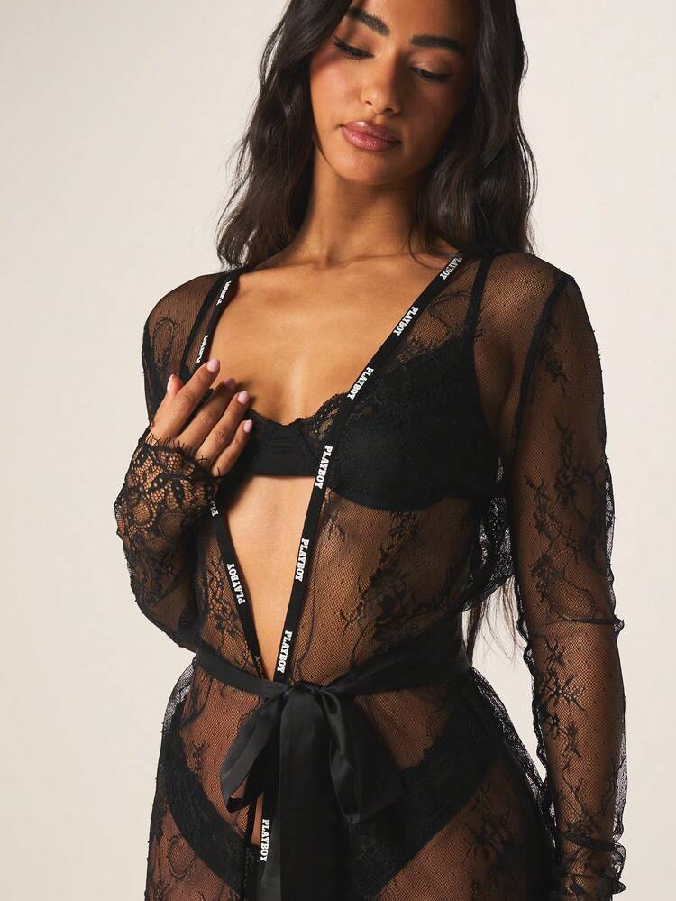 Missguided x Playboy Women Sheer Black Floral Lace Long Sleeve Robe Kimono With Tie Belt Intimate Lingerie Cover Up Nightwear