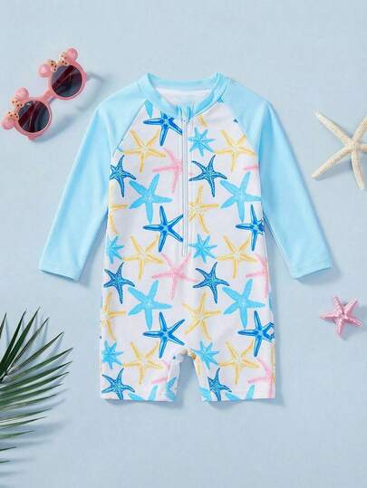SHEIN Baby Girl Palm Tree Print Long Sleeve Romper Swimsuit With Shorts