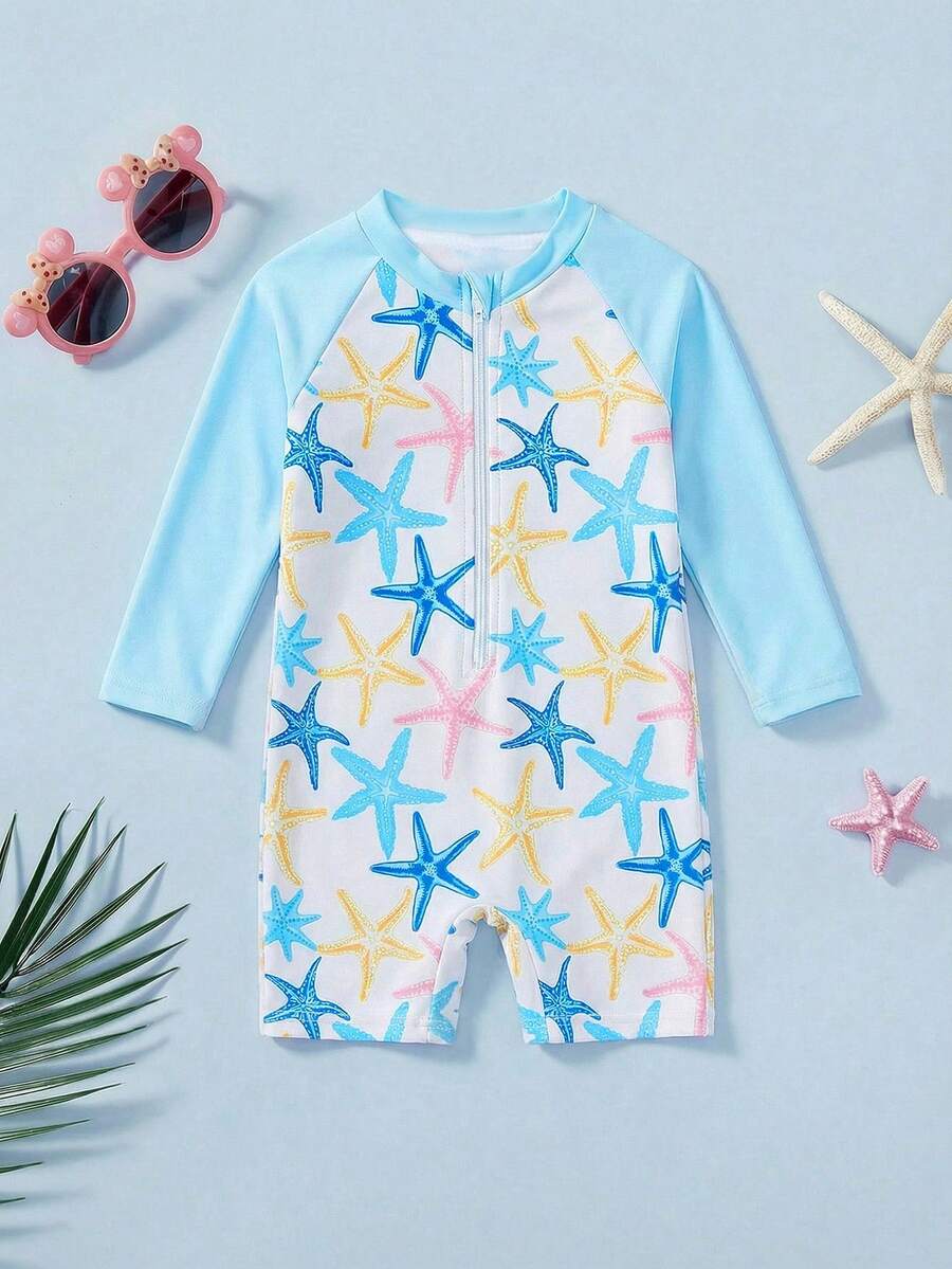 SHEIN Baby Girl Palm Tree Print Long Sleeve Romper Swimsuit With Shorts - Multicolor - View 1