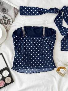 SHEIN Tween Girl Matching Neck Warmer, Bandeau Top, Ruched Waist - Navy Blue - View 8