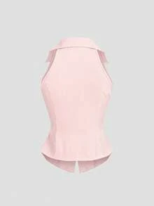 Sweetra 女士夏季无袖衬衫，小众设计度假休闲性感修身蓝色条纹外套上衣，新款简约露背修身上衣 - 粉色 - 查看 2