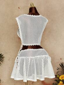 Sunspun Plus Size Sexy Hollow Out 2 Pieces Beach Vacation Set - Apricot - View 2