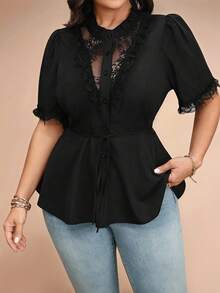 EMERY ROSE Plus Size Women's Solid V-Neck Lace Trim Short Sleeve Full Button Front Regular Fit Elegant Blouse - Black - View 5