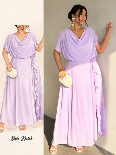 Firerie Plus Size Solid Color Draped Neck Minimalist Design Ruffle Hem Dress