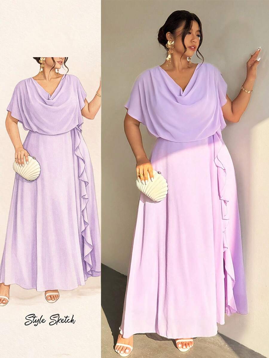 Firerie Đầm cỡ lớn màu trơn, cổ xếp ly, thiết kế tối giản, viền bèo nhún. - Màu tím - Xem 1