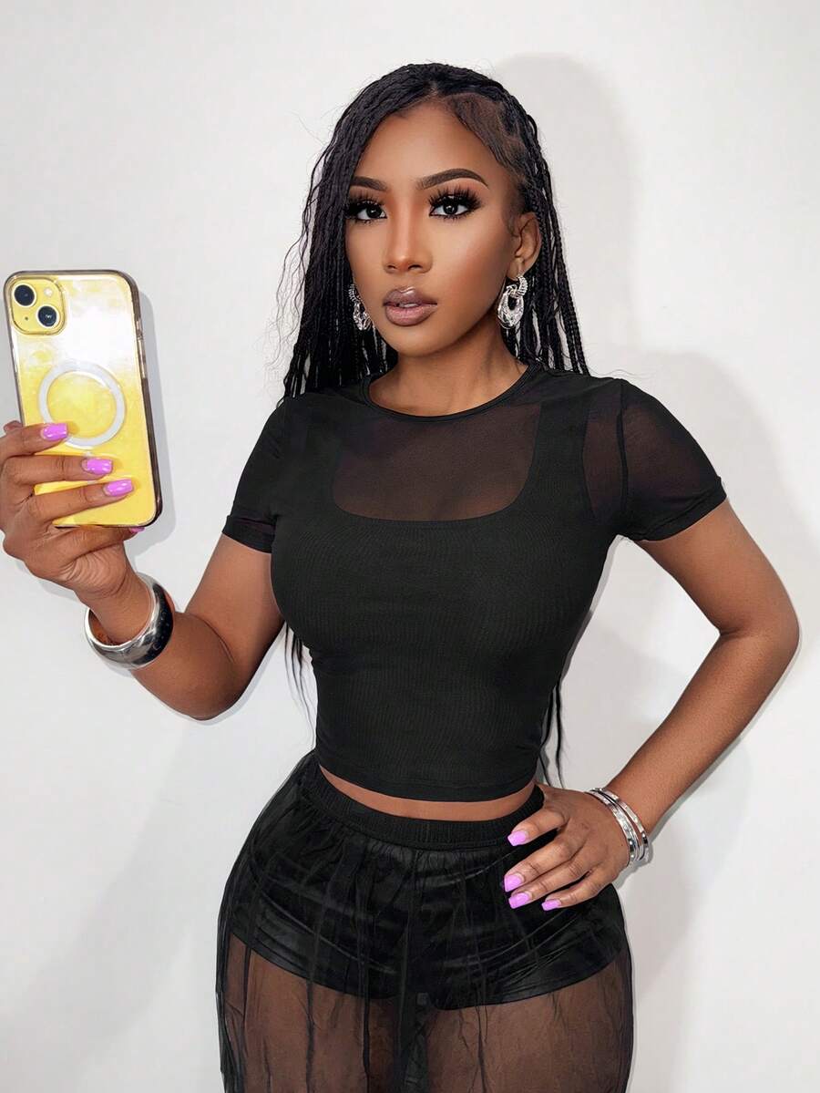 Mistrie Sheer Mesh Sexy Black Short Sleeve T-Shirt, Mesh Splice Round Neck Fitted Cropped Top, Spicy Girl Minimalist Sexy Style Tight Midriff-Revealing Undershirt/Outerwear - Black - View 1