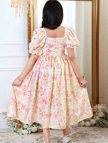 SHEIN Đầm hoa nhí thanh lịch cổ vuông tay phồng dành cho bé gái tuổi teen - Hồng - Xem 3