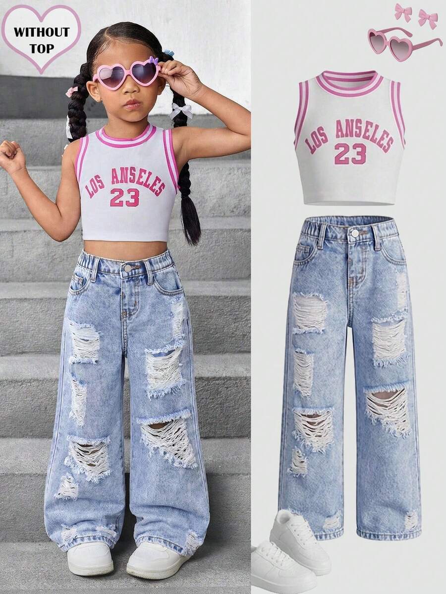 Quần jean denim rách nhẹ màu xanh nhạt, dáng rộng, phong cách Y2K mới cho bé gái, thích hợp cho mùa xuân hè, đi nghỉ mát, phong cách đồng quê, boho, đi biển, phong cách đường phố miền Tây, kỳ nghỉ xuân, lễ hội âm nhạc, quần jean, quần jean cho bé 4 tuổi, quần jean mùa hè, quần jean dễ thương, quần jean rộng kiểu Y2K những năm 2000. - Rửa nhẹ - Xem 1