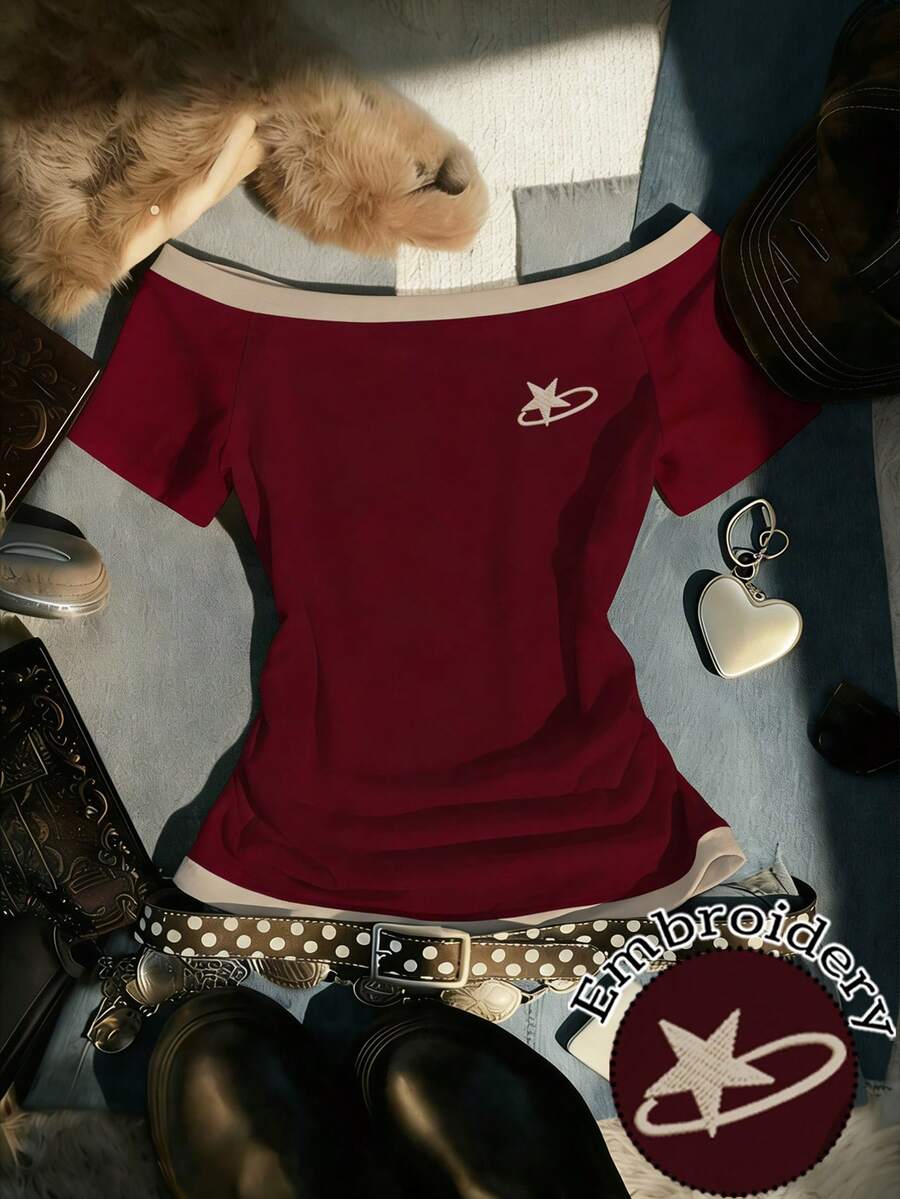 Noixe Women's Casual Star Embroidery Contrast Trim T-Shirt, Summer - Burgundy - View 1