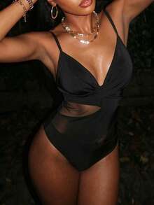 Vaytide Summer Beach Contrast Mesh Wrap Cross Wrap Cross One Piece Swimsuit - Black - View 3