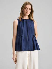 Ontre Women's Navy Blue Sleeveless Top,Summer Casual Everyday Round Neck Loose A-Line Woven Shirt,Modern Urban Chic Office Wear,Elegant Wedding Party Top - Navy Blue - View 4