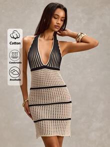 SHEIN Hollow Out Beachwear Cover Up Mini Dress - Black and White - View 1