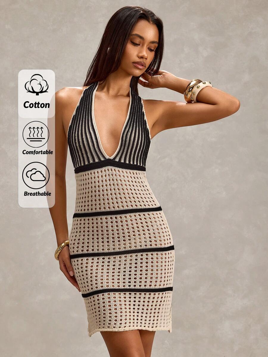 SHEIN Hollow Out Beachwear Cover Up Mini Dress - Black and White - View 1