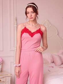 Bonmuse 欧美性感女士粉色蕾丝拼接睡衣套装 - 彩色 - 查看 5