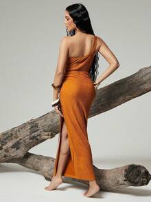 Hauture Đầm maxi ôm sát gợi cảm một vai xếp ly, chất liệu móc len, dành cho nữ, thích hợp cho kỳ nghỉ. - màu nâu - Xem 5