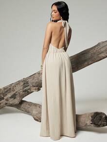 Hauture Đầm maxi nữ gợi cảm, cổ yếm chéo phía trước, hở lưng. - Màu be - Xem 2