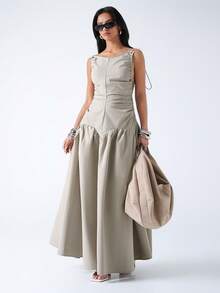 LYSMO 女士纯色圆领褶裥侧系腰带休闲无袖连衣裙 - 灰綠 - 查看 3