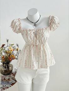 Elamini Camisa de mujer con estampado floral y ribete de contraste con lazo en la cintura, para vacaciones a principios de primavera - Rosa - Ver 5
