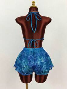 Amplova 女士春季新款蕾丝渐变图案低胸吊带背心和低腰短裤套装 - 彩色 - 查看 3