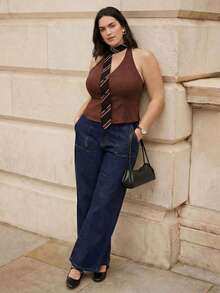 Juhart 大码女士优雅休闲露背系带领口纽扣无袖深V领棕色衬衫，适合日常通勤、休闲度假。 - 彩色 - 查看 9