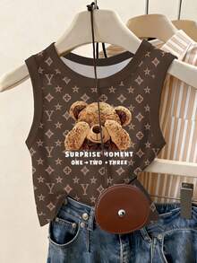 Franclia 女士修身圆领背心，饰有花卉图案和标语熊印花 - 彩色 - 查看 1