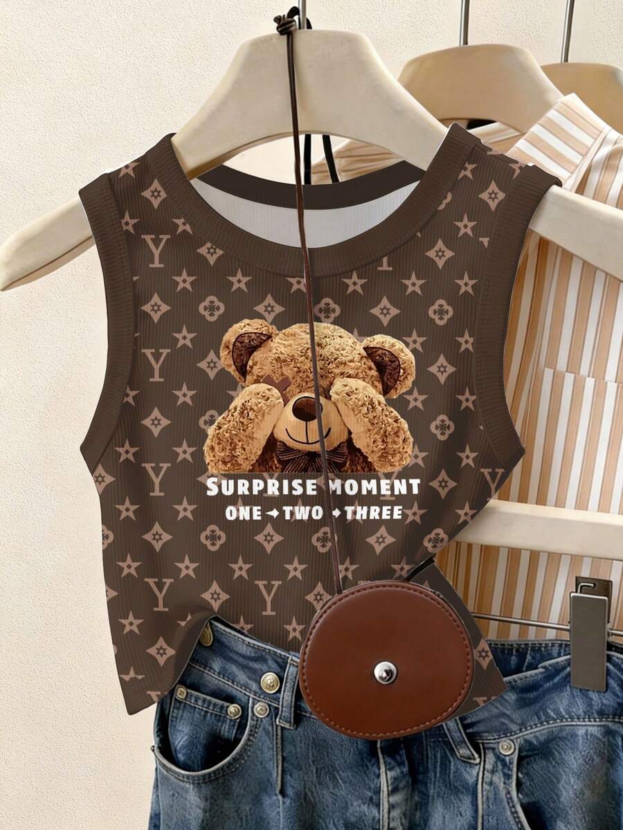 Franclia 女士修身圆领背心，饰有花卉图案和标语熊印花 - 彩色 - 查看 1