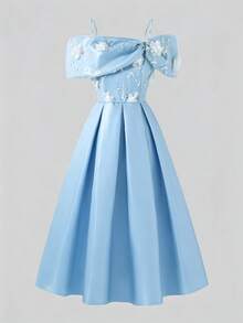Tween Girl Off-Shoulder 3D Floral Decor Pleated Fashion Party Dress - Blue - View 3