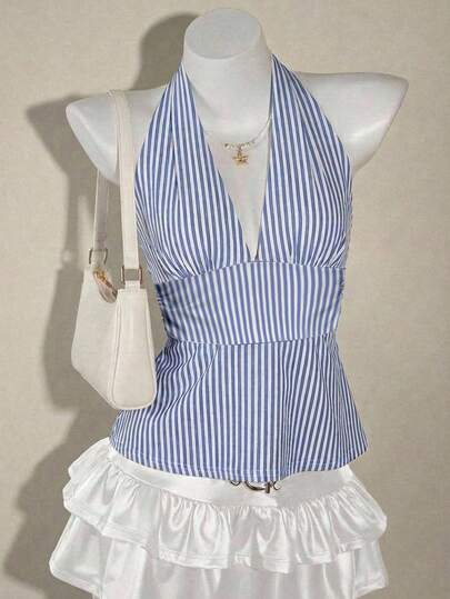 SHEIN ICON Casual Vintage Elegant Commuter Versatile Blue & White Striped Print Pattern, Suitable For Spring/Summer, Comfortable Summer Holiday & Beach Outfits For Women, Halter Deep V-Neck Backless A-Line Tank Top