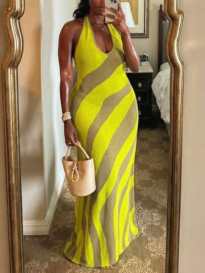 Slaydiva 2026 Early Spring Plus Size Women's Music Festival, Easter, Western, Nomadic, Birthday Party, Graduation, College, Student, Daily Wear, Basic Versatile, Casual, Vacation, Cruise Travel, Beach, Sunbathing, Viral, Streetwear, Wedding Guest, Commute, Brunch, Airport, Party, Holiday Outing, Elegant Gala, Ball, Relaxed, High-End Elegant Colorblock Halter Backless Maxi Fringe Knit Dress