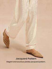 LUVLETTE Spring And Summer Comfortable Cream Satin Pajama Set - Loose-Fit Long-Sleeve Top & Pants With Red Trim All-Day Cozy Lounge Wear Pyjama - Apricot - View 9