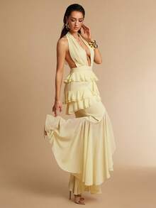 Silquee Vestido de mujer amarillo pálido con escote en V profundo, espalda descubierta y volantes multicapa, elegante para verano, vacaciones, playa, boda, fiesta, lujoso vestido de noche y de dama de honor - amarillo ganso - Ver 1