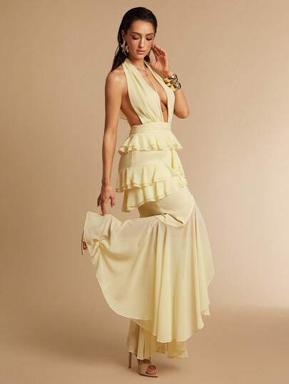 Silquee 黄色深V领露背荷叶边连衣裙，适合浪漫约会、海滩度假、婚礼、情人节、圣诞节、新年、正式派对等场合，优雅性感