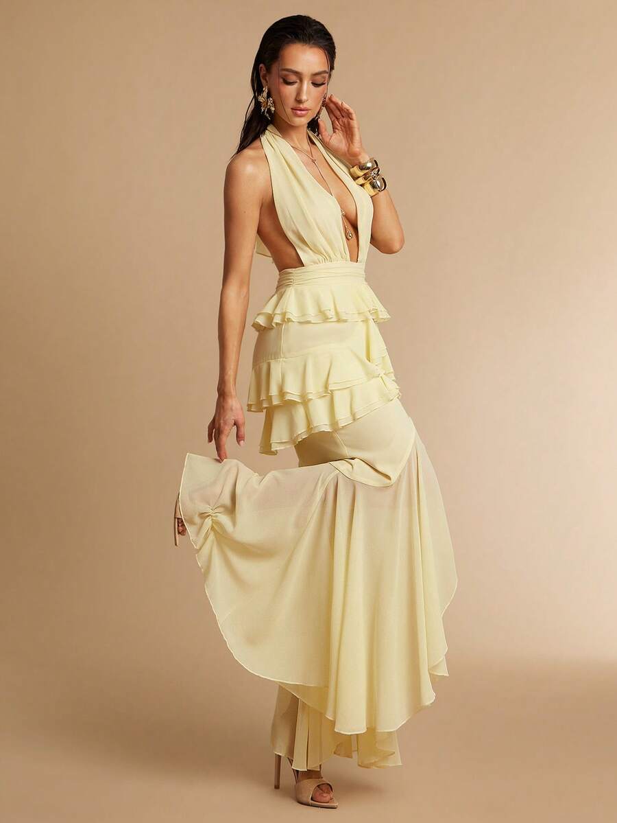 Silquee Vestido de mujer amarillo pálido con escote en V profundo, espalda descubierta y volantes multicapa, elegante para verano, vacaciones, playa, boda, fiesta, lujoso vestido de noche y de dama de honor - amarillo ganso - Ver 1