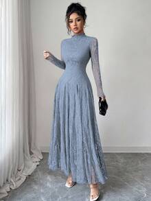 Modelyn Đầm ren màu đỏ rượu vang cổ cao, eo thắt eo dành cho nữ - Màu xanh bụi bặm - Xem 3