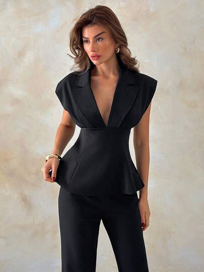 SHEIN Women, Spring, Summer, Regular Length, Regular Fit,Women's Black Peplum Blazer Set, Sleeveless V-Neck Peplum Top With Tailored Trousers, Chic Monochrome Pantsuit, Deep V Evening Peplum Top, Modern Minimalist Tailored Separates, Office-To-Evening Black Suit, Slim-Fit Trousers And Structured Waist Blazer, Sophisticated Cocktail Pantsuit, Professional Yet Feminine Workwear, Date-Night Peplum Outfit, Sleek Black Formal Separates, Flattering Waist-Defining Peplum,