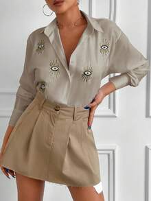 RueChic Eye Pattern Glitter Long Sleeve Shirt - Beige - View 1