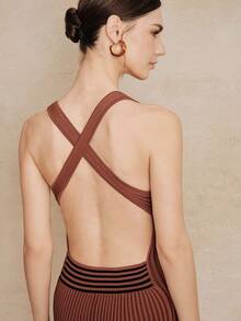 Anewsta Đầm len cổ cao kẻ sọc ôm dáng thanh lịch mới cho nữ, kiểu dáng mùa xuân sớm. - màu nâu - Xem 3