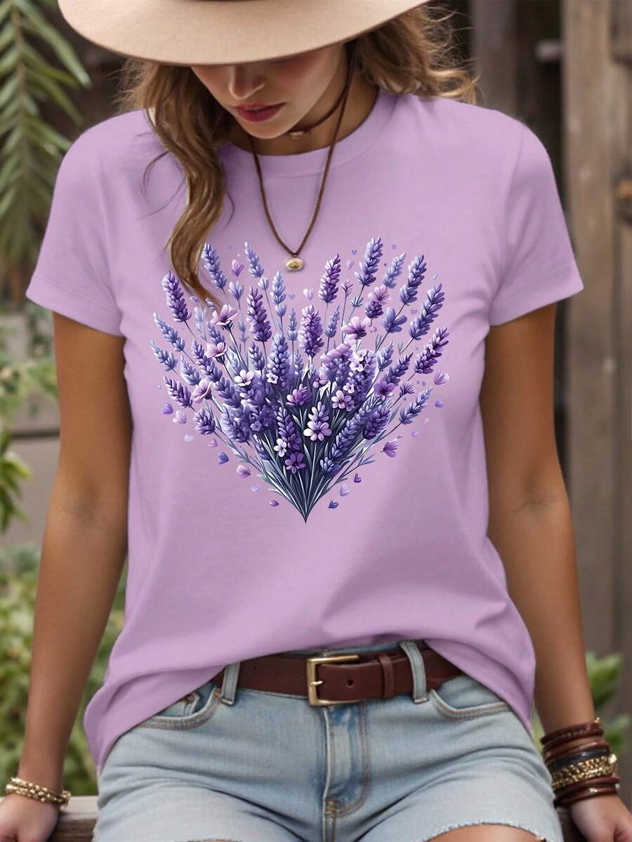 EMERY ROSE 女士短袖休闲T恤 简约女式上衣 - 紫色 - 查看 1