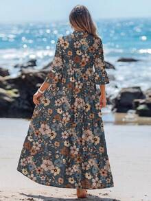 SHEIN LUNE Casual Retro Floral Pattern V-Neck Ruched Long Sleeve Dress For Women, Suitable Autumn Boho Cottagecore Fall Clothes Chic - Blue - View 2