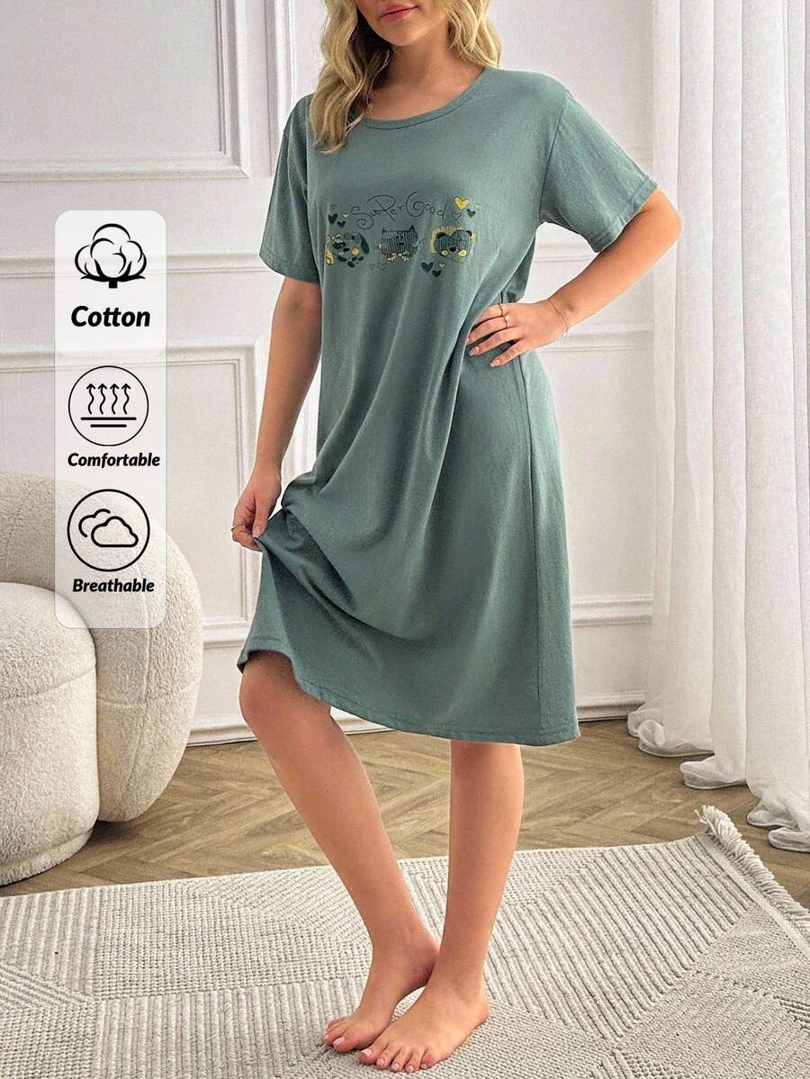 EURMUSE Women Contrast Colour Cute Animal Prints Basic Homewear Sleepdress - Green - View 1